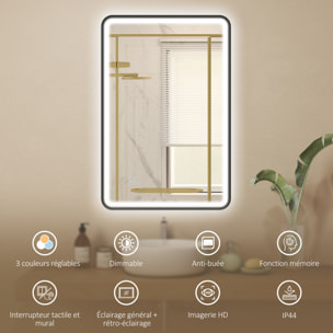 Miroir mural LED tactile réglable 44W fonction antibuée dim. 60 x 90 cm aluminium noir