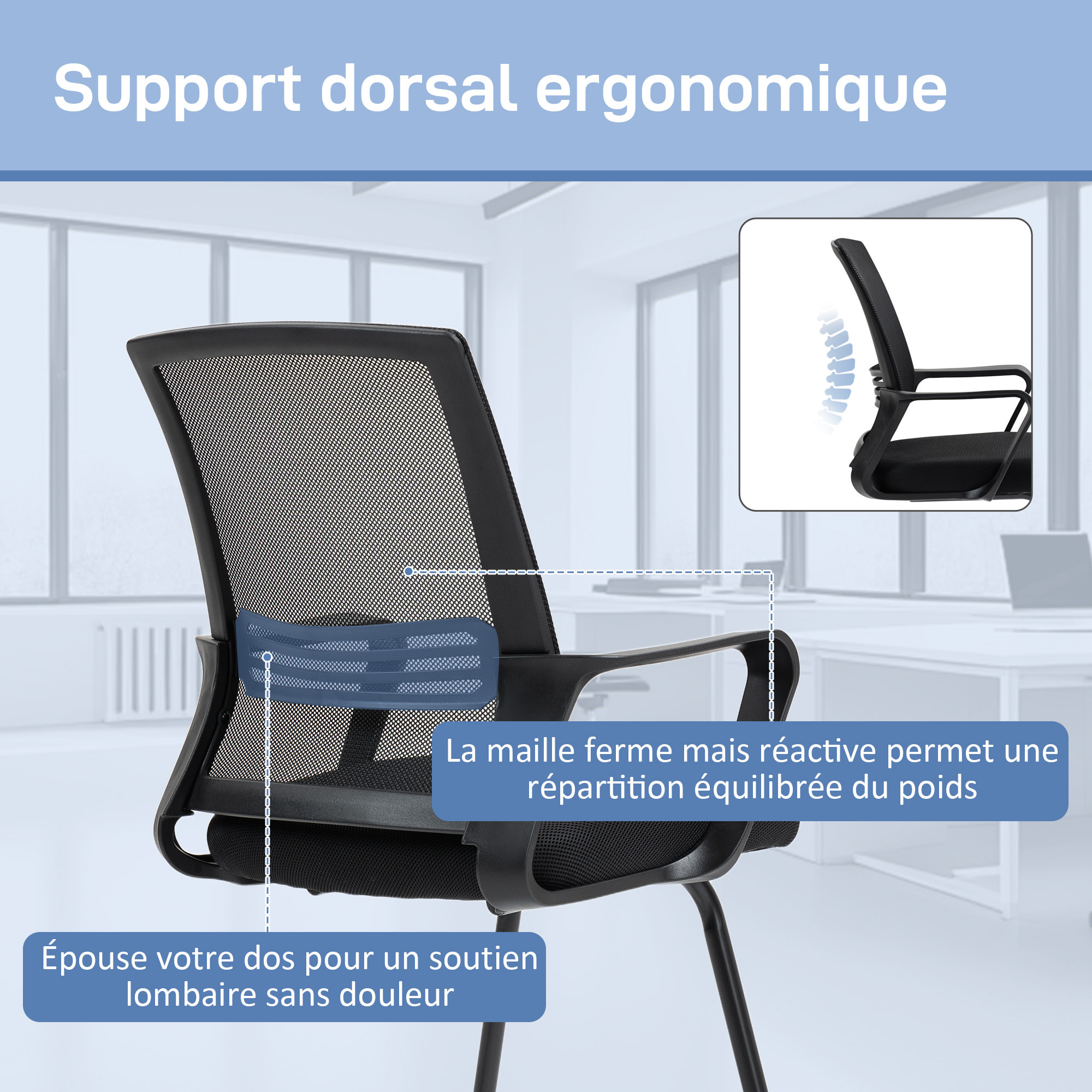 Chaise de visiteur - chaise de bureau design ergonomique - polyester maille noir