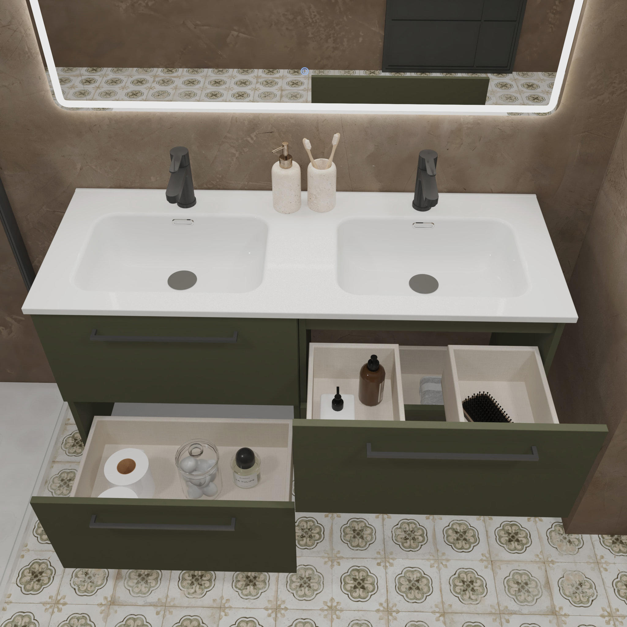 Meuble de Salle de Bain Vex | 120Cm Vert| Quatre Tiroirs | Évier Encastré | Miroir non inclus | Meubles Assemblés | Alday