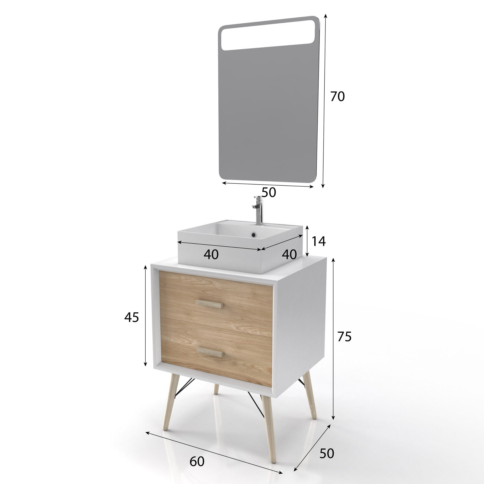 MEUBLE SALLE DE BAIN SCANDINAVE BLANC ET BOIS NATUREL 60cm AVEC TIROIRS, VASQUE A POSER - MIROIR
