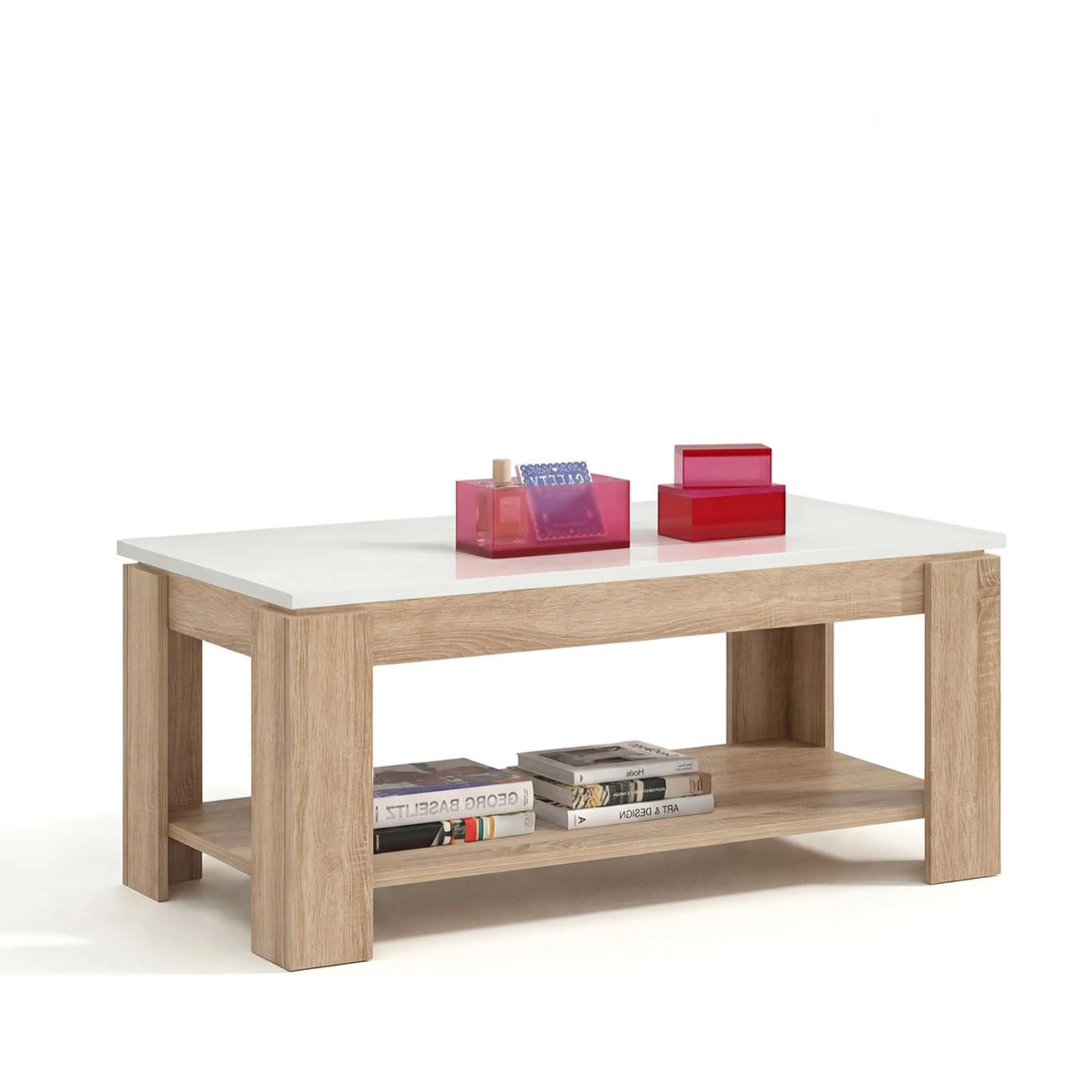 Mesa de centro elevable con almacenaje en roble canadian y blanco artik 102x43-54 cm Lya Roble Canadian - Blanco Artik (Blanco Mate)