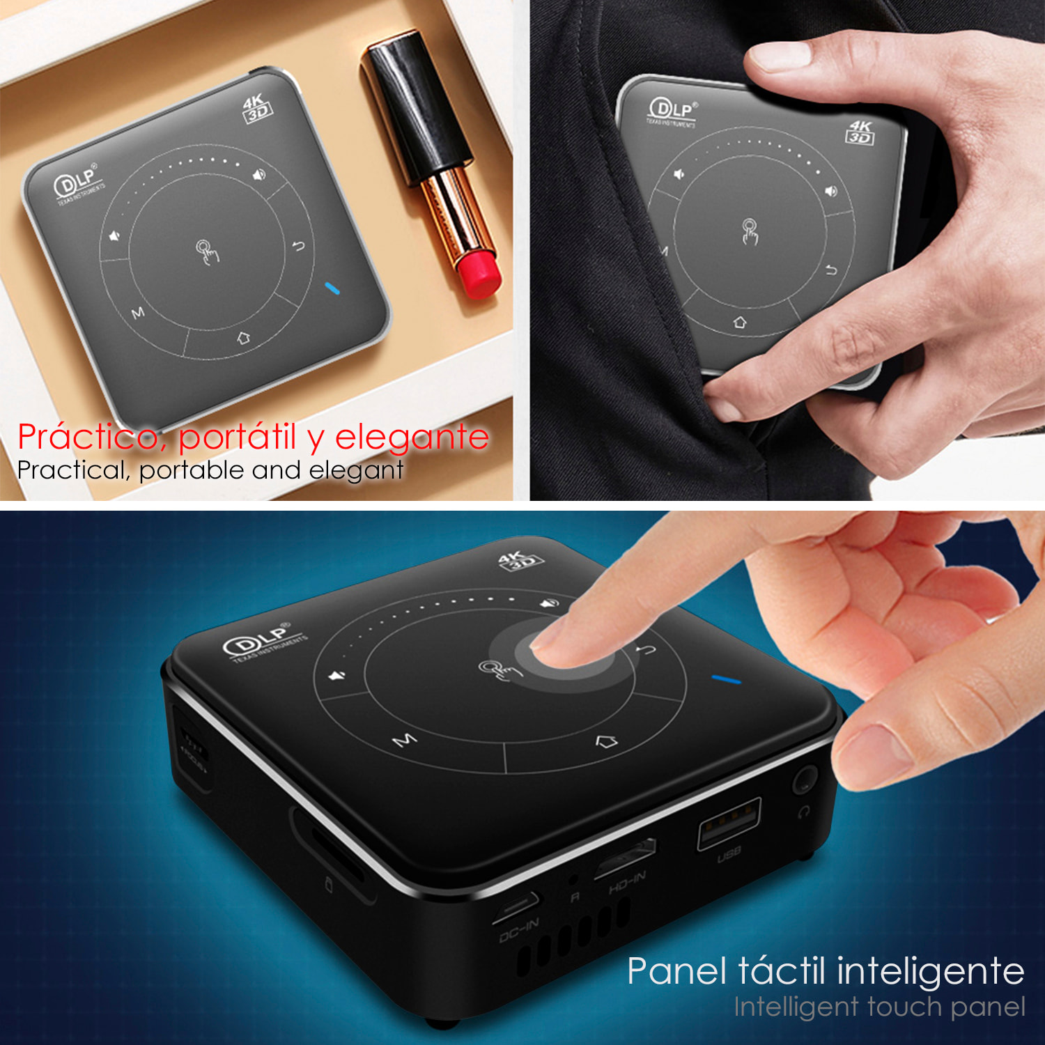 Mini videoproiettore LED portatile P11, DLP. Android 9.0, Wi-Fi, pannello touch. Batteria ricaricabile. Clonazione schermo. Netflix, YouTube, ecc.