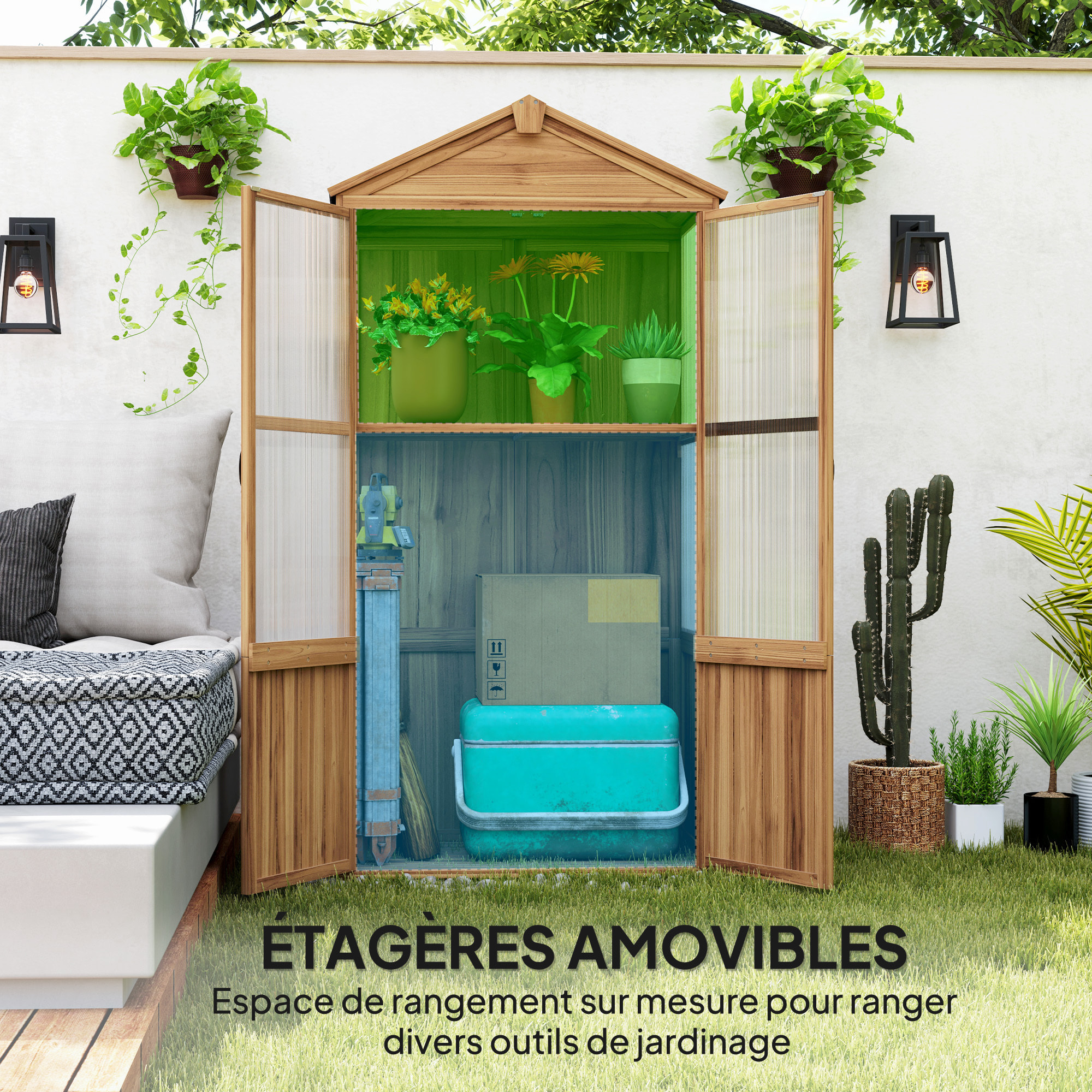 Armoire de jardin en bois - 2 portes, 2 étagères, toit bitumé - dim. 94 x 55 x 178 cm - sapin pré-huilé polycarbonate
