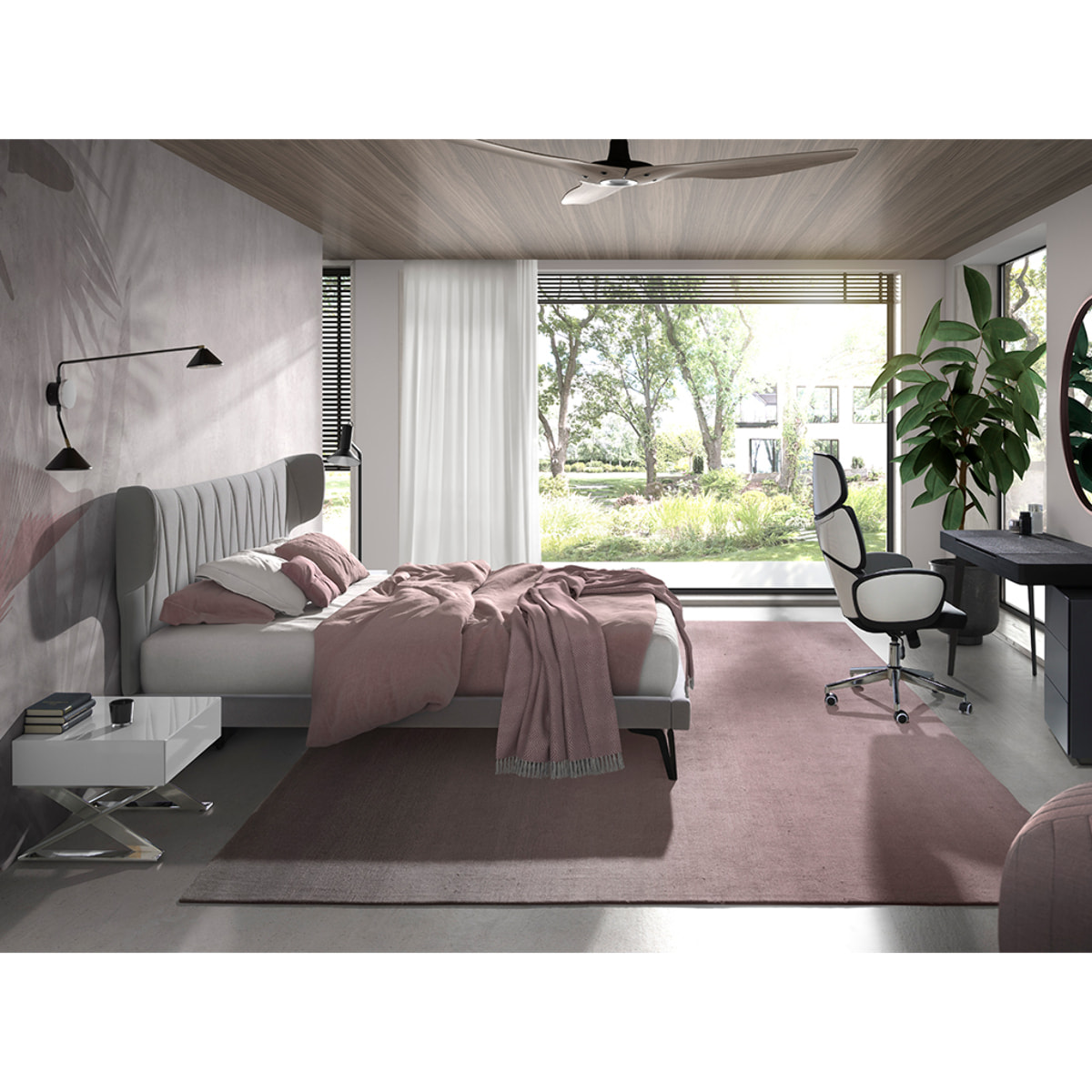 Cama Angel Cerdá de matrimonio con cabecero y estructura en tela gris claro y patas de acero inoxidable en epoxi negro 233x213x112cm