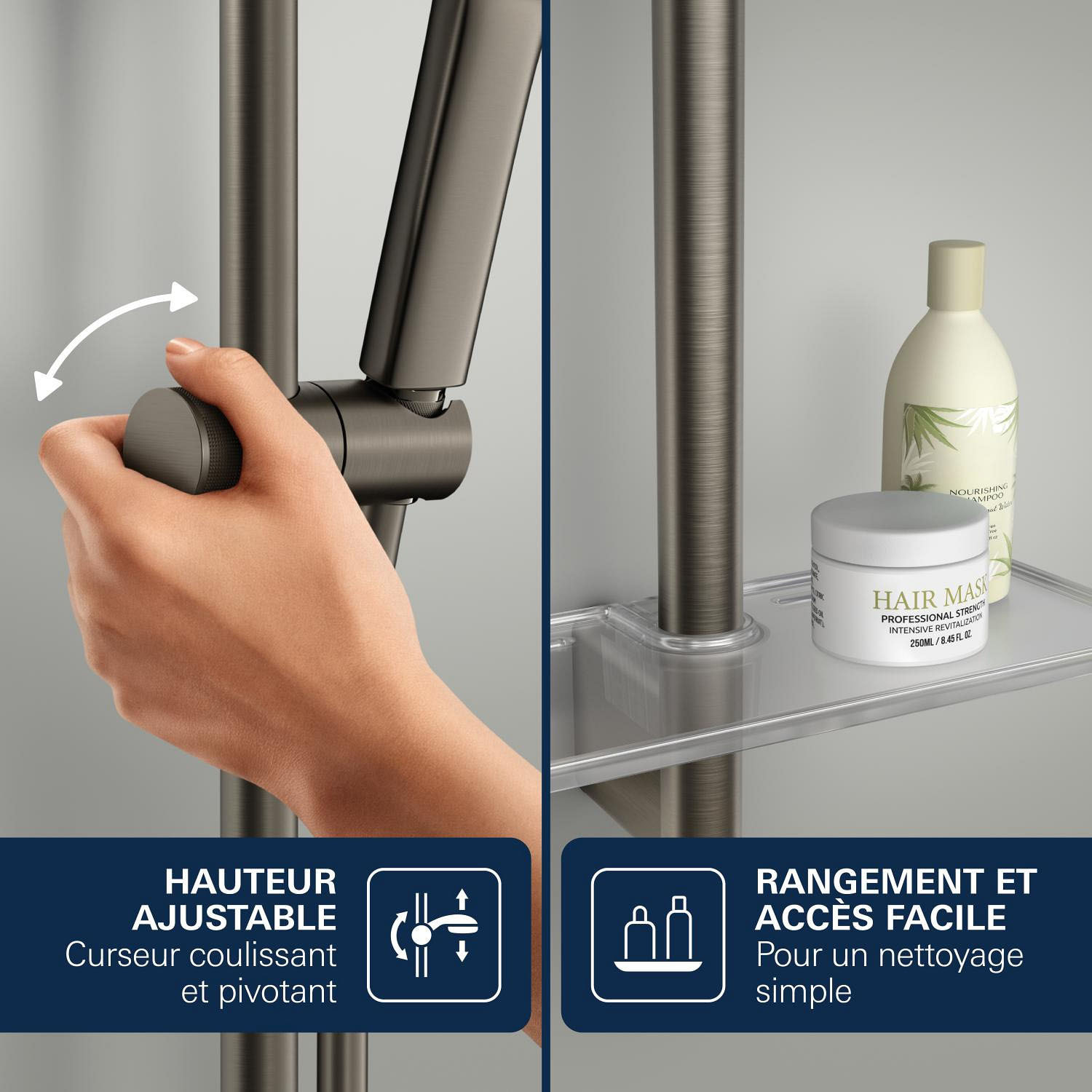 Ensemble de douche 3 jets (Pluie, Jet stimulant, Booster) - Hard Graphite brossé