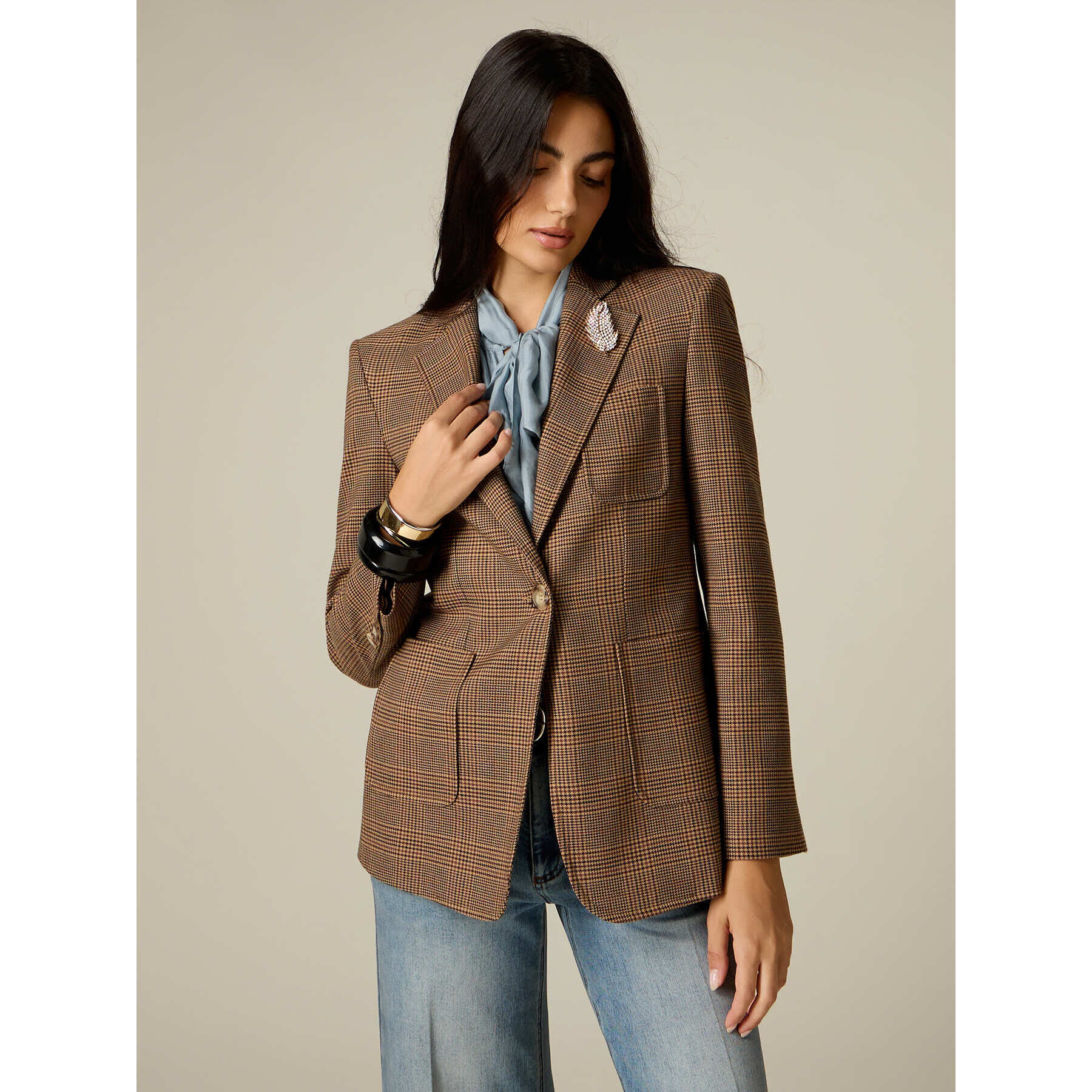 Oltre - Blazer check con spilla - Marrone