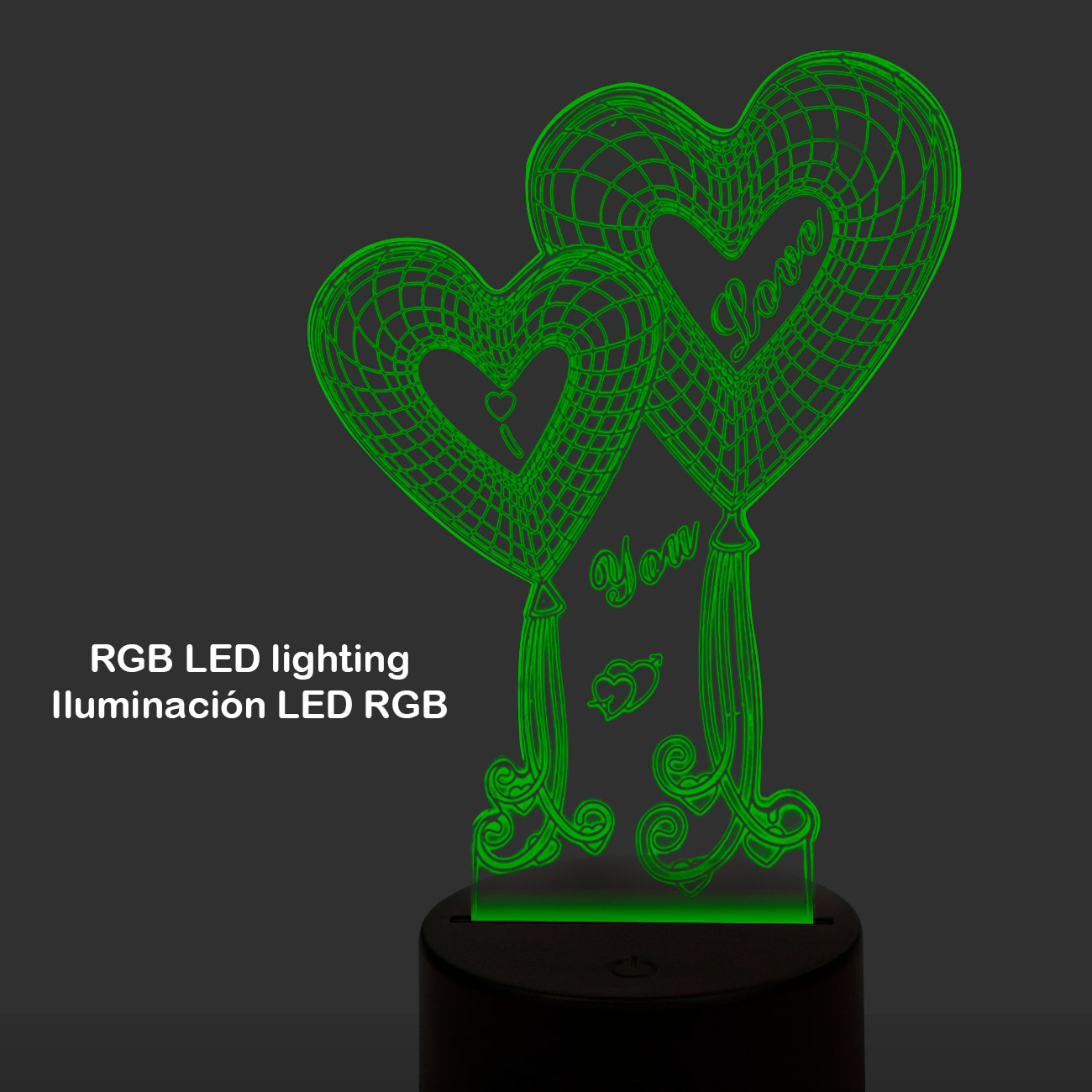 Lampada d'ambiente effetto 3D, design Love, base effetto legno. Luce a led.