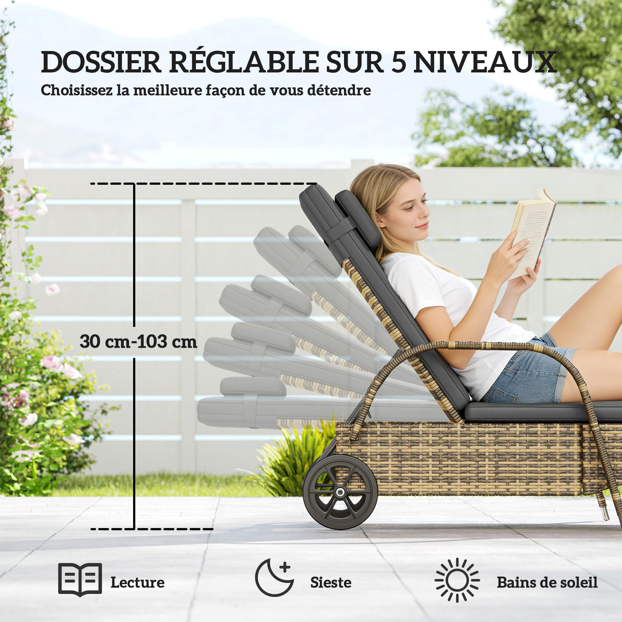 Lot de 2 bains de soleil inclinables tout confort avec table d'appoint résine tressée beige