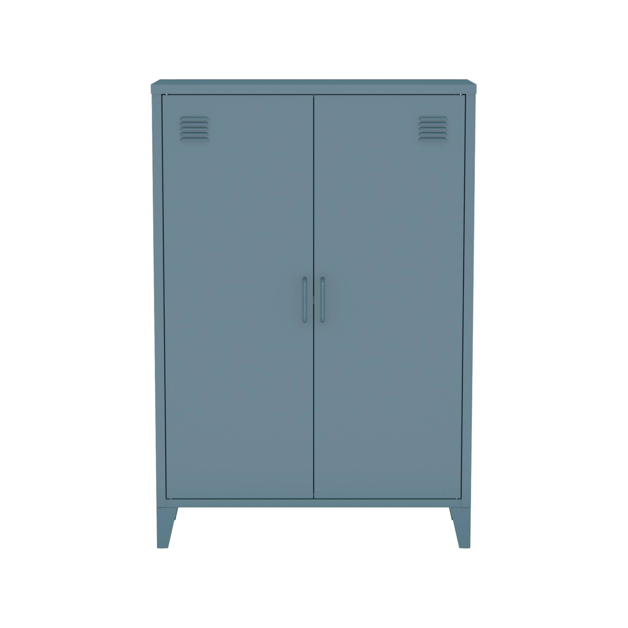 Commode/armoire en métal bleu. 2 espaces de rangement. casiers