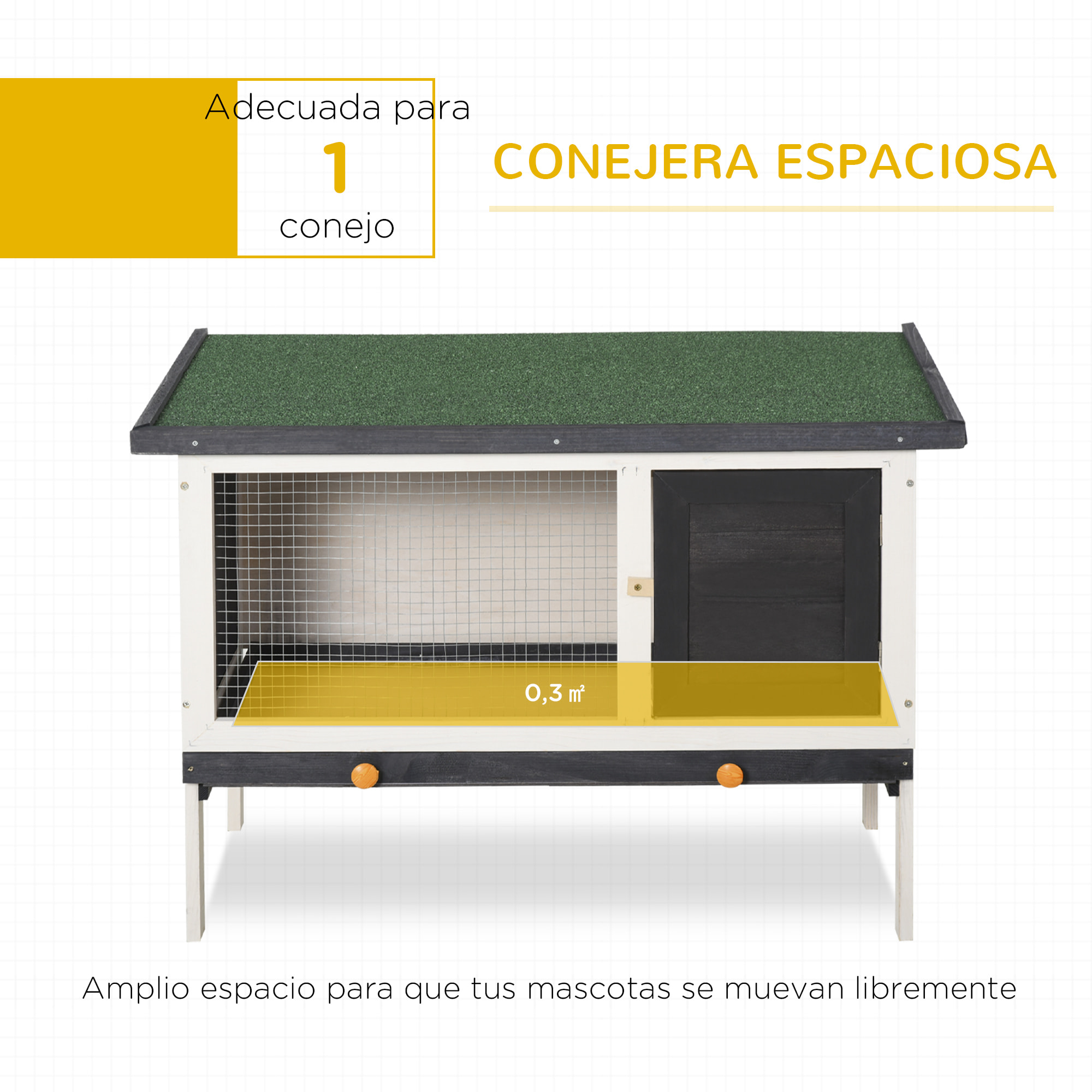 Conejera de Madera Exterior Jaula Elevada para Conejos Cobayas Animales Pequeños con Techo Asfáltico Abatible Bandejas Extraíbles y Puerta con Pestillo 90x45x65 cm Negro