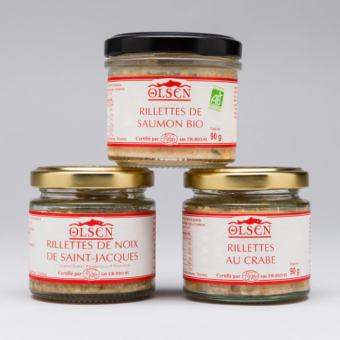 Trio rillettes Prestige aux ingrédients bio (crabe tourteau, saumon ,st jacques) - 3x90g