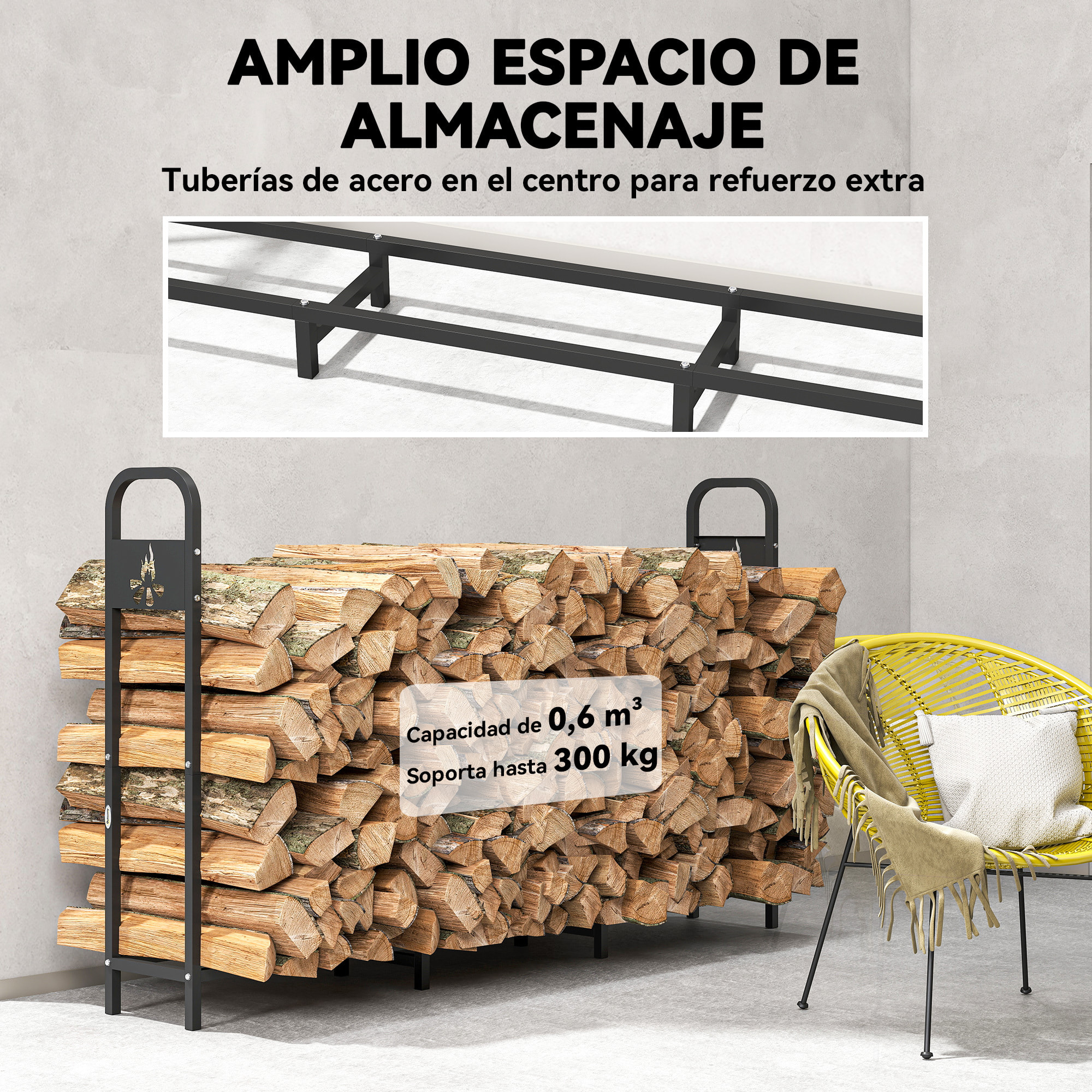 Estante de Leña Metálico, 199x30x121 cm, Leñero Exterior con Marco de Acero, Patas Extra Reforzadas y Diseño Recortado de Fogata, Soporte para Leña de Chimenea, Carga 300 kg, para Jardín