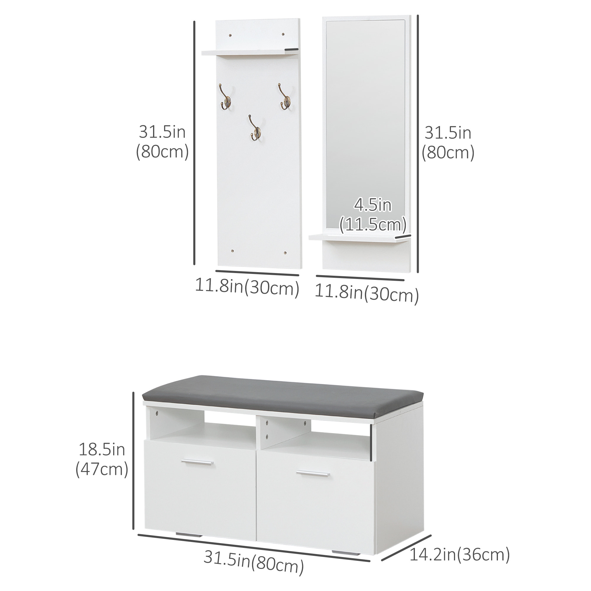 Conjunto de Recibidor con Espejo Perchero y Zapatero Mueble de Entrada con 2 Puertas 3 Ganchos y Estantes para 8 Pares de Zapatos para Pasillo 80x36x47 cm 30x11,5x80 cm Blanco