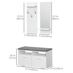 Conjunto de Recibidor con Espejo Perchero y Zapatero Mueble de Entrada con 2 Puertas 3 Ganchos y Estantes para 8 Pares de Zapatos para Pasillo 80x36x47 cm 30x11,5x80 cm Blanco