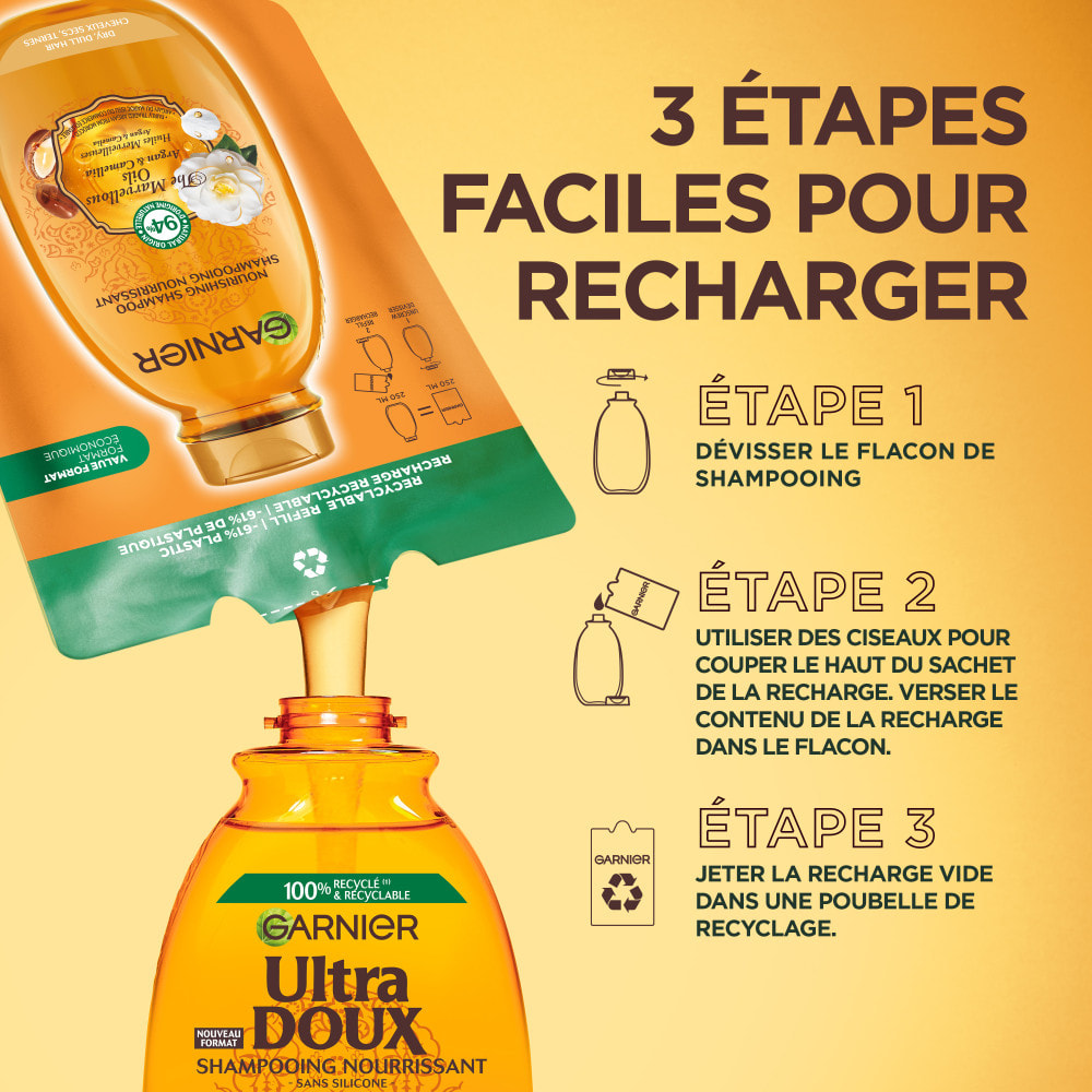 Lot de 6 - Garnier Ultra Doux Huiles Merveilleuses Shampooing Nourrissant à l'Huile d'Argan & de Camélia 600ml - Homme & Femme