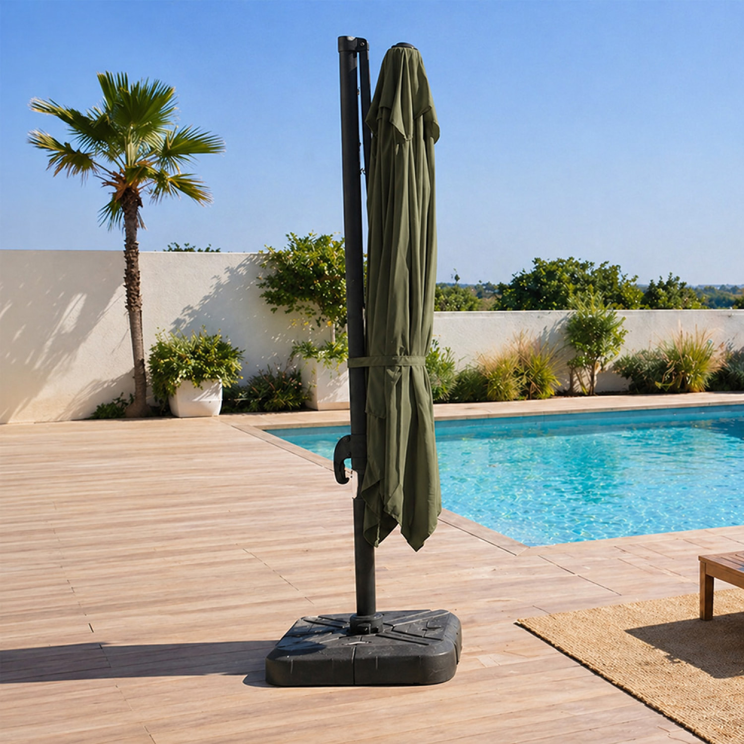 Parasol carré 3x3 déporté rotatif vert en aluminium RAFAELA