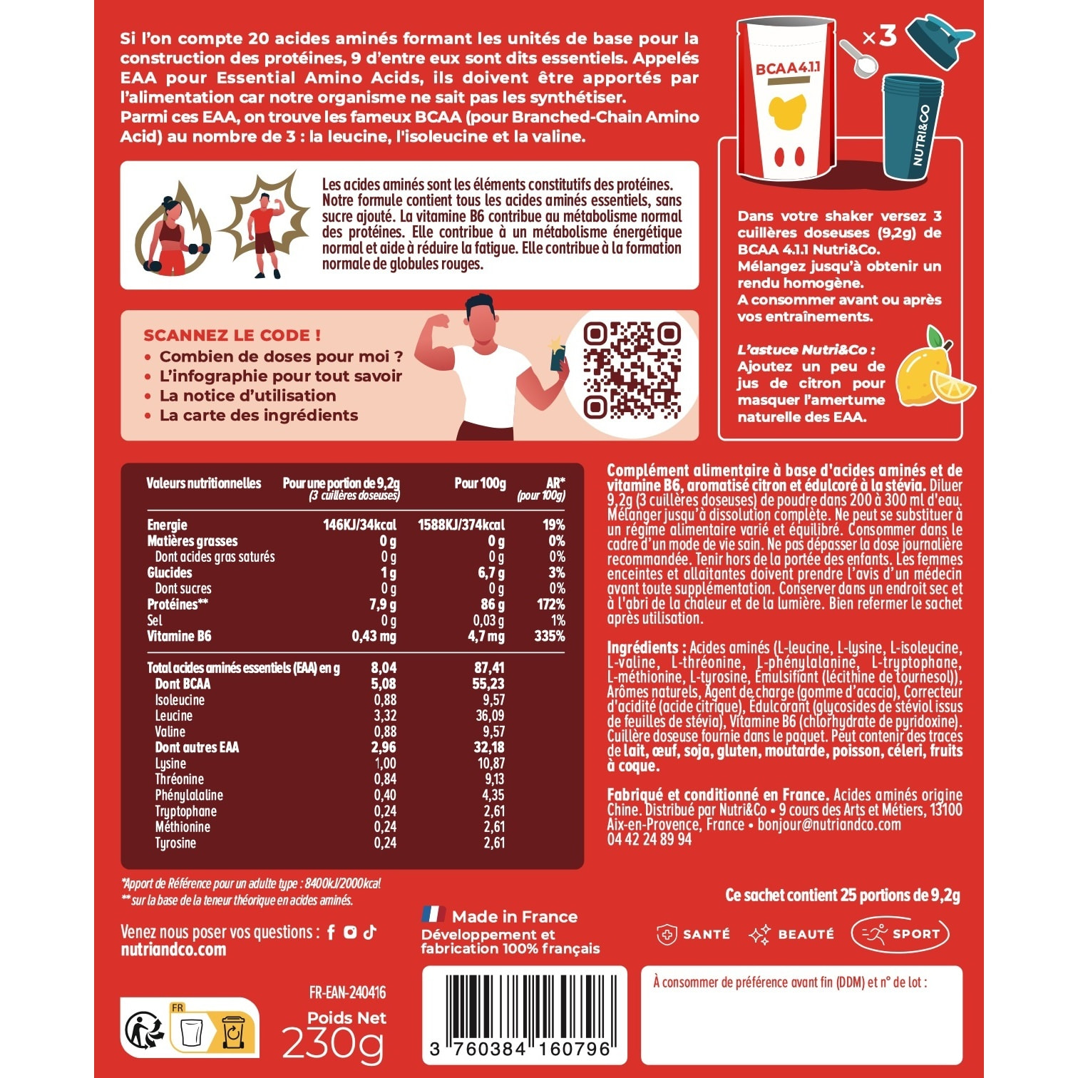 Nutri&Co BCAA 4.1.1 en Poudre - Enrichis en EAA - goût Citron - 230g Vegan