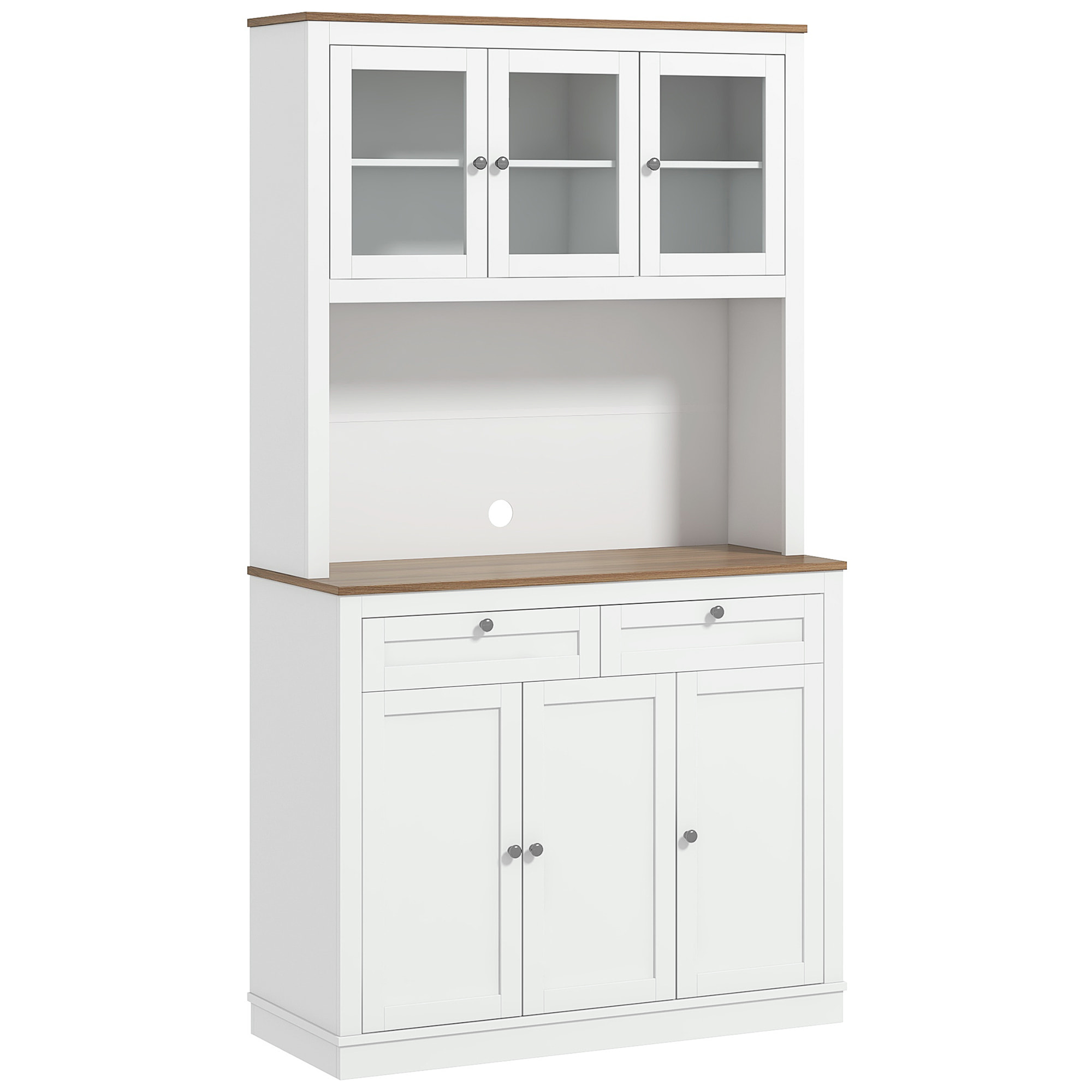 Buffet haut cuisine vitrine - 6 portes, 2 tiroirs, plan de travail - dim. 100x40x180cm - blanc effet bois noyer