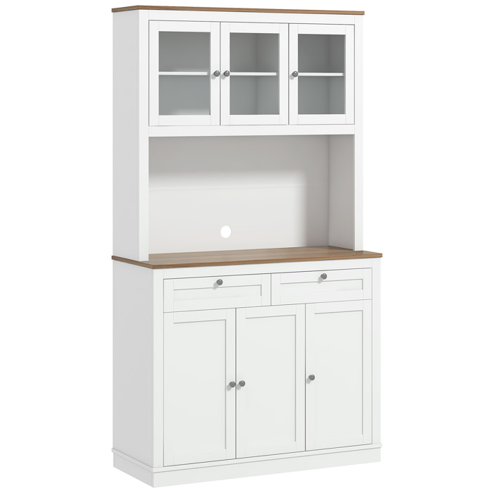 Buffet haut cuisine vitrine - 6 portes, 2 tiroirs, plan de travail - dim. 100x40x180cm - blanc effet bois noyer