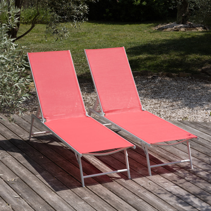 Lot de 2 bains de soleil pliants SICILIA en textilène rose - structure blanche