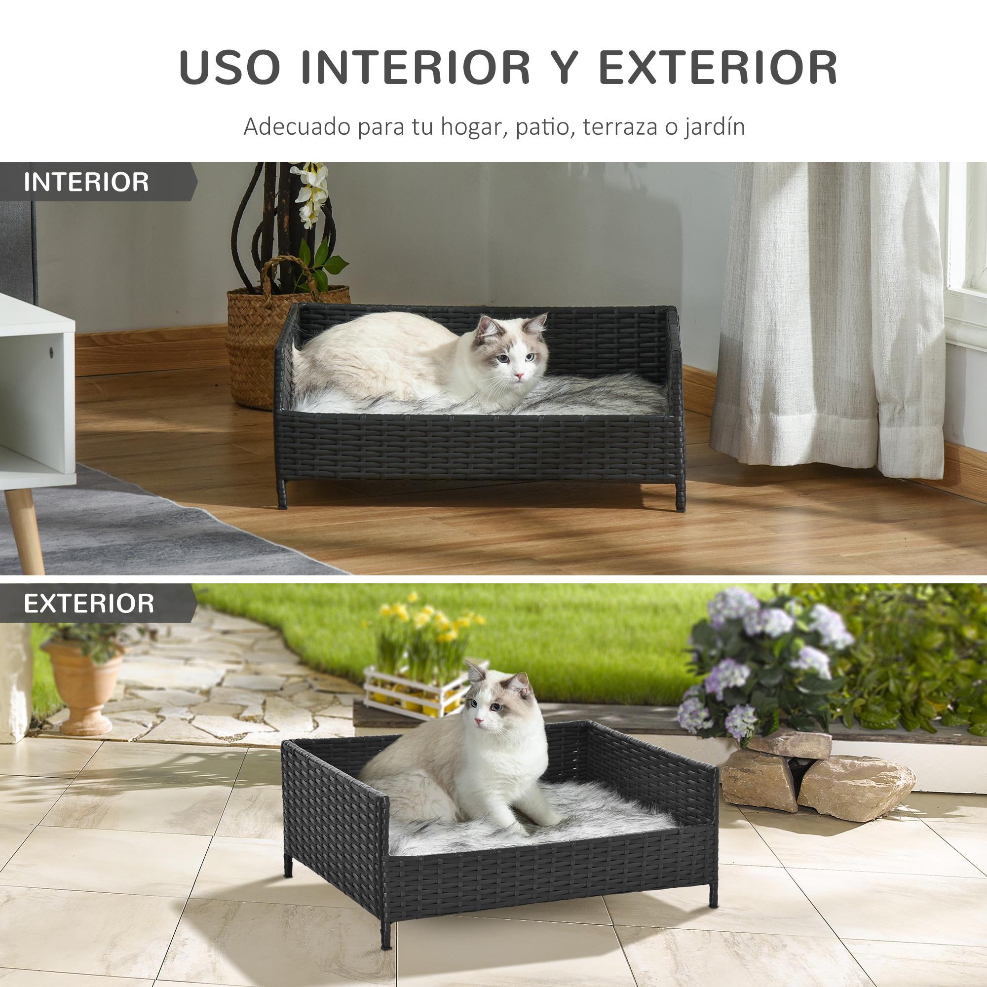 Sofá Cama para Perros de Ratán Cama Elevada Rectangular para Mascotas Gatos con Cojín Suave y Lavable para Hogar Interior 61x46x24,5 cm Negro