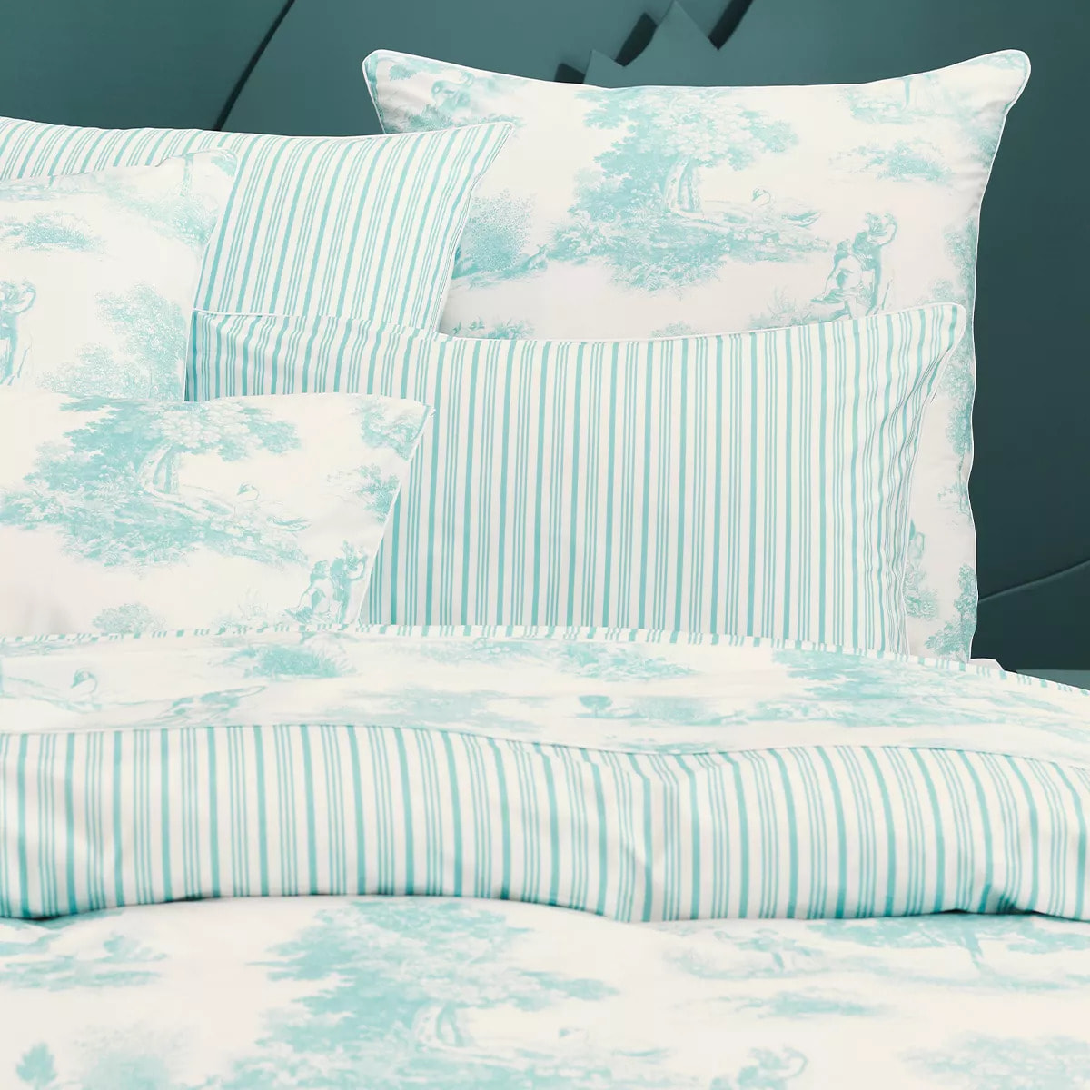 Taie d'oreiller percale de coton 115 g/m² imprimé bleu Poesie aqua