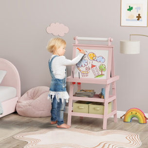 Pizarra Infantil Caballete 3 en 1 Pizarra Infantil de Doble Cara Magnética Caballete de Pintura para Niños con Rollo de Papel y Cestas de Almacenamiento 59x48x118 cm Rosa Palo