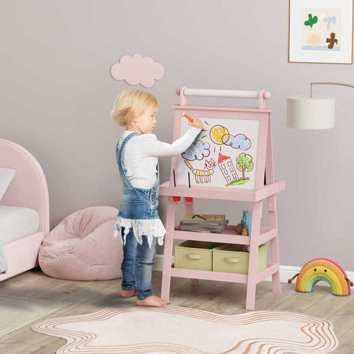Pizarra Infantil Caballete 3 en 1 Pizarra Infantil de Doble Cara Magnética Caballete de Pintura para Niños con Rollo de Papel y Cestas de Almacenamiento 59x48x118 cm Rosa Palo
