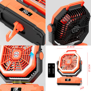 Ventilatore P60 con motore senza spazzole, LED con 32 luci, 5 velocità e 3 livelli di luminosità. Oscillazione di 120° e angolo regolabile di 90°. Con gancio per appendere e powerbank da 20000 mAh.