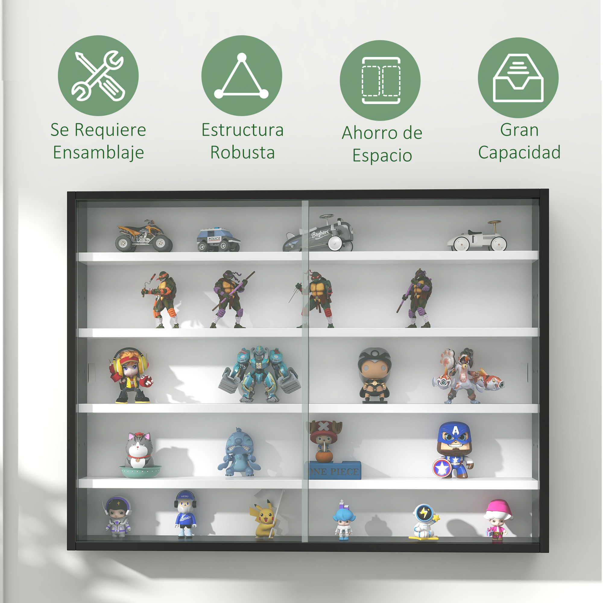 Vitrina de Pared Vitrina de Madera con Estantes Ajustables y 2 Puertas Correderas de Vidrio para Colecciones Perfumes Figuras de Decoración 80x9,5x60 cm Negro