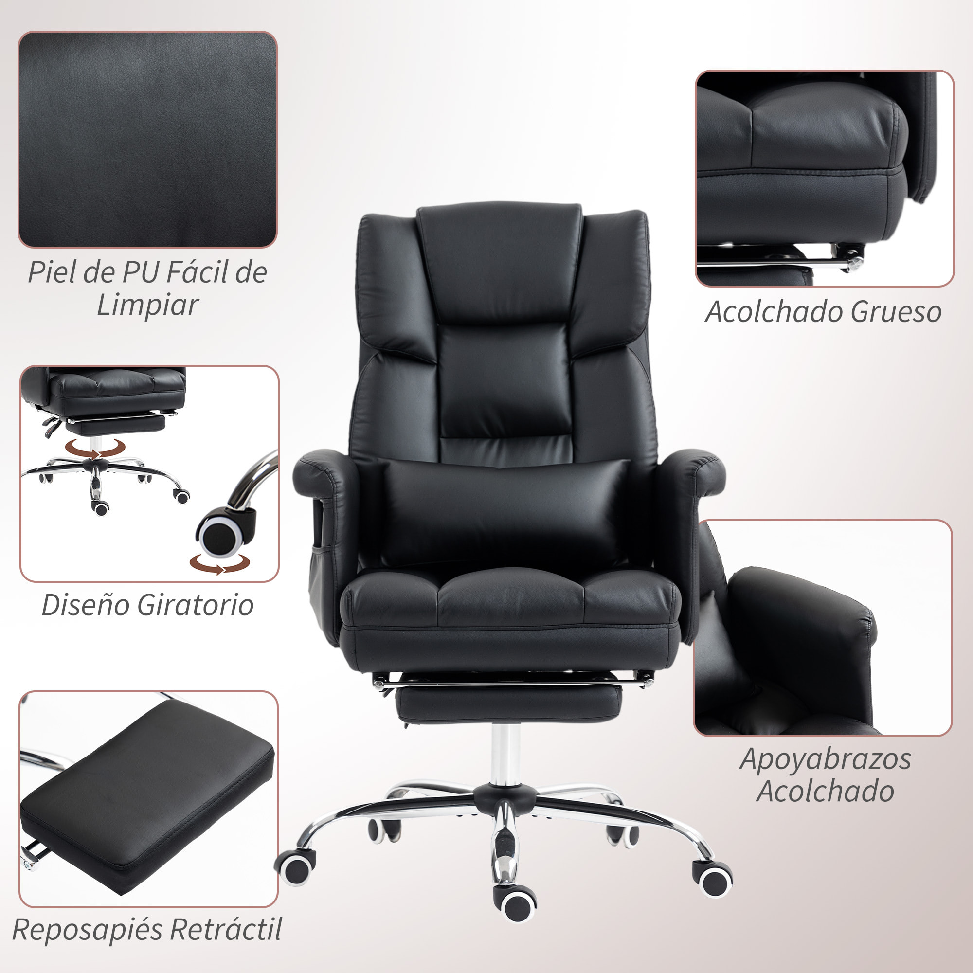 Silla de Oficina con 6 Puntos de Masaje Silla de Masaje Giratoria Silla de Escritorio con Reposapiés Retráctil Altura Ajustable Control Remoto y Soporte Lumbar Tejido de PU Negro
