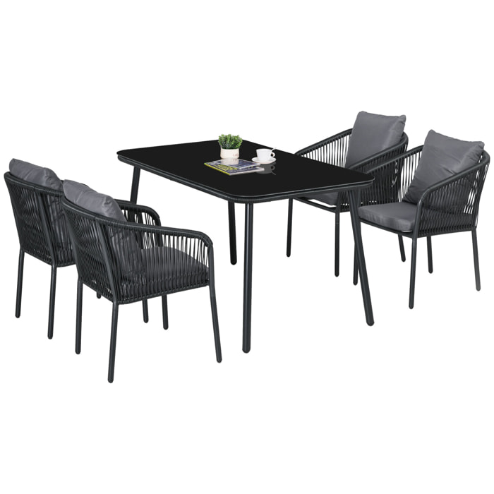 Salon de jardin 4 places 5 pièces table à manger chaises empilables coussins alu résine noir gris