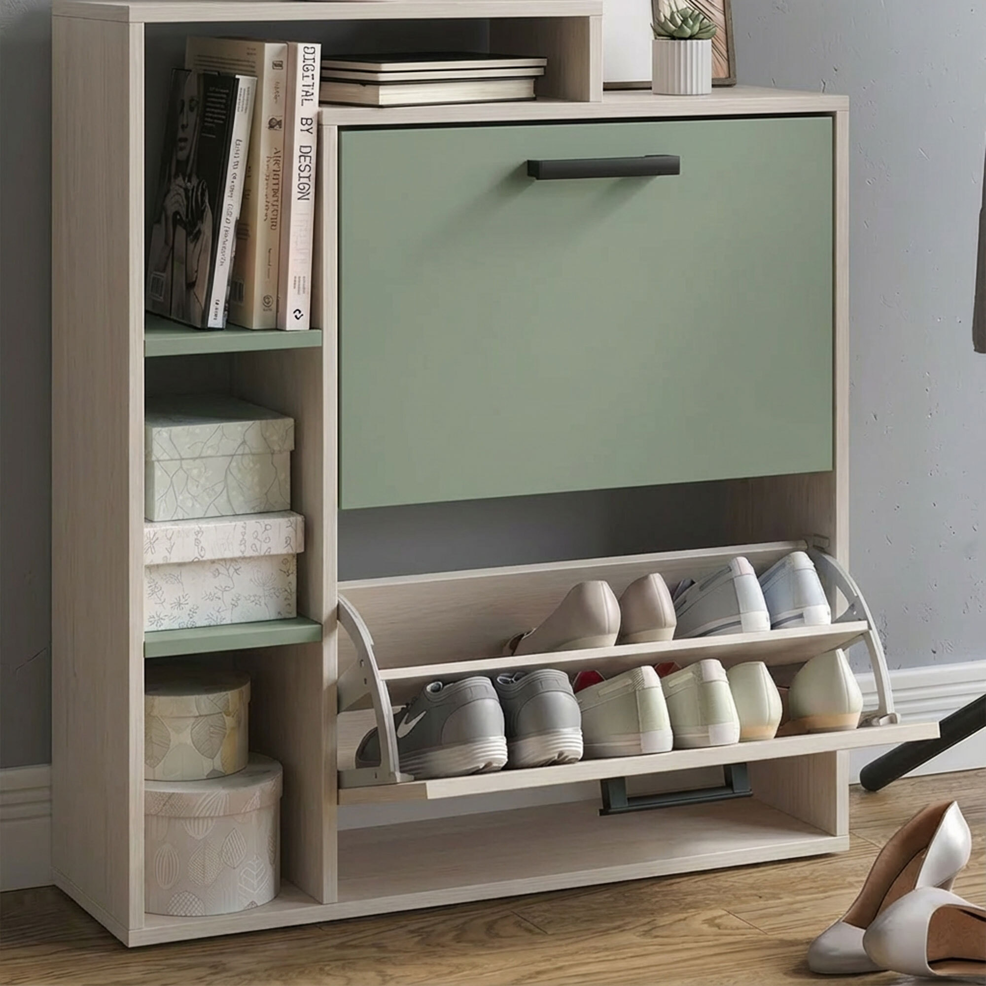 Sena - Scarpiera Salvaspazio 2 Ante 80x90x24,5 cm 12 Paia con Mensole e Ripiano Svuotatasche in Legno Salvia