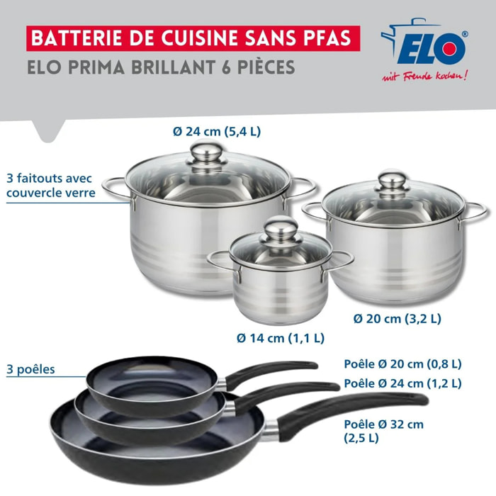 Ensemble de 3 Poêles de cuisson 20, 24 et 32 cm et 3 faitouts 14, 20 et 24 cm Elo Prima Brillant