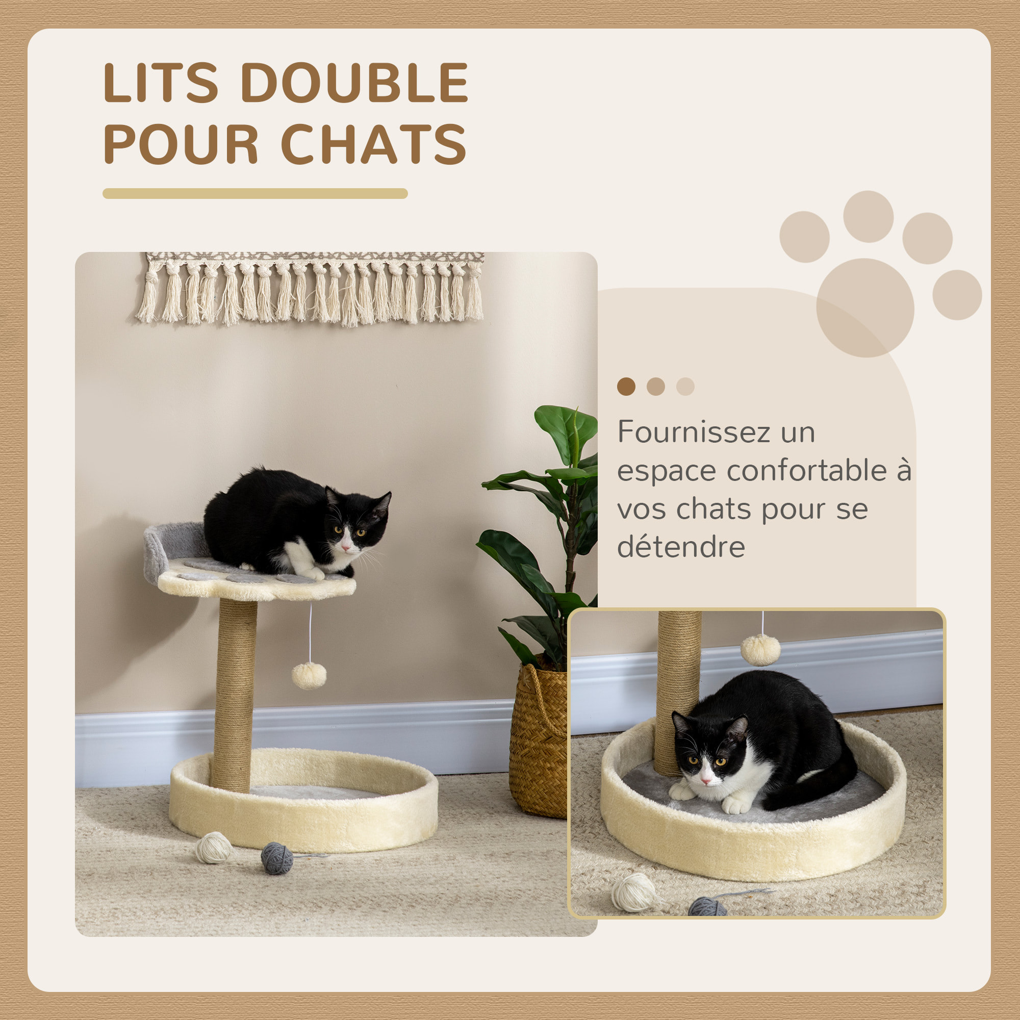 Arbre à chat griffoir design patte de chat jeu boule suspendue panier plateforme observation peluche beige gris jute naturelle