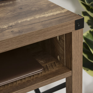 Bureau design industriel grand plateau 2 niches métal noir panneaux particules imitation bois veinage marron