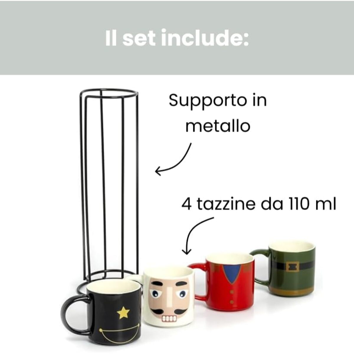 Intrecci – Set 4 tazzine da caffè natalizie in porcellana con supporto impilabile