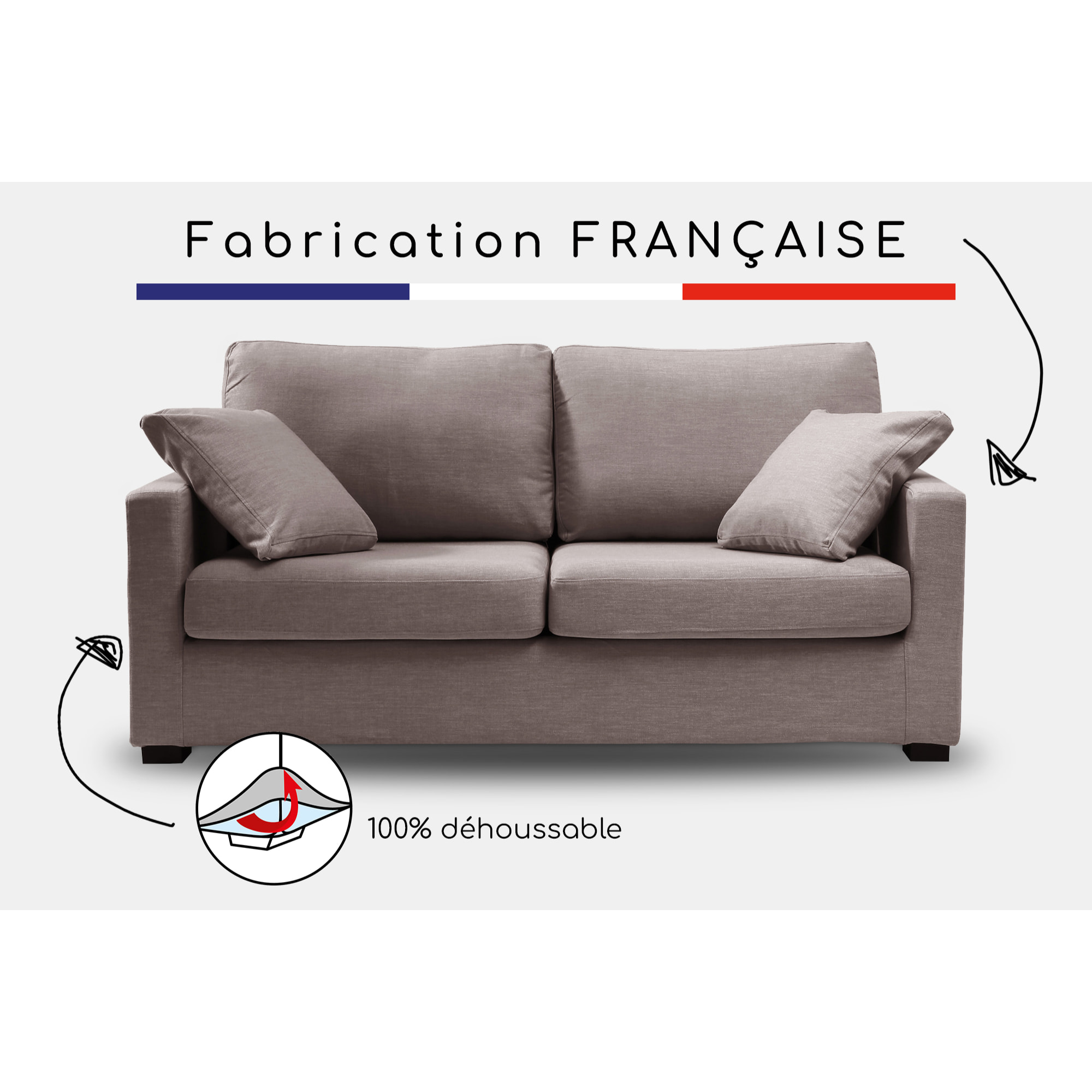 Canapé 3 pl LYS 175 cm fixe tissu Tradition Taupe - 100% déhoussable - Fabriqué en France