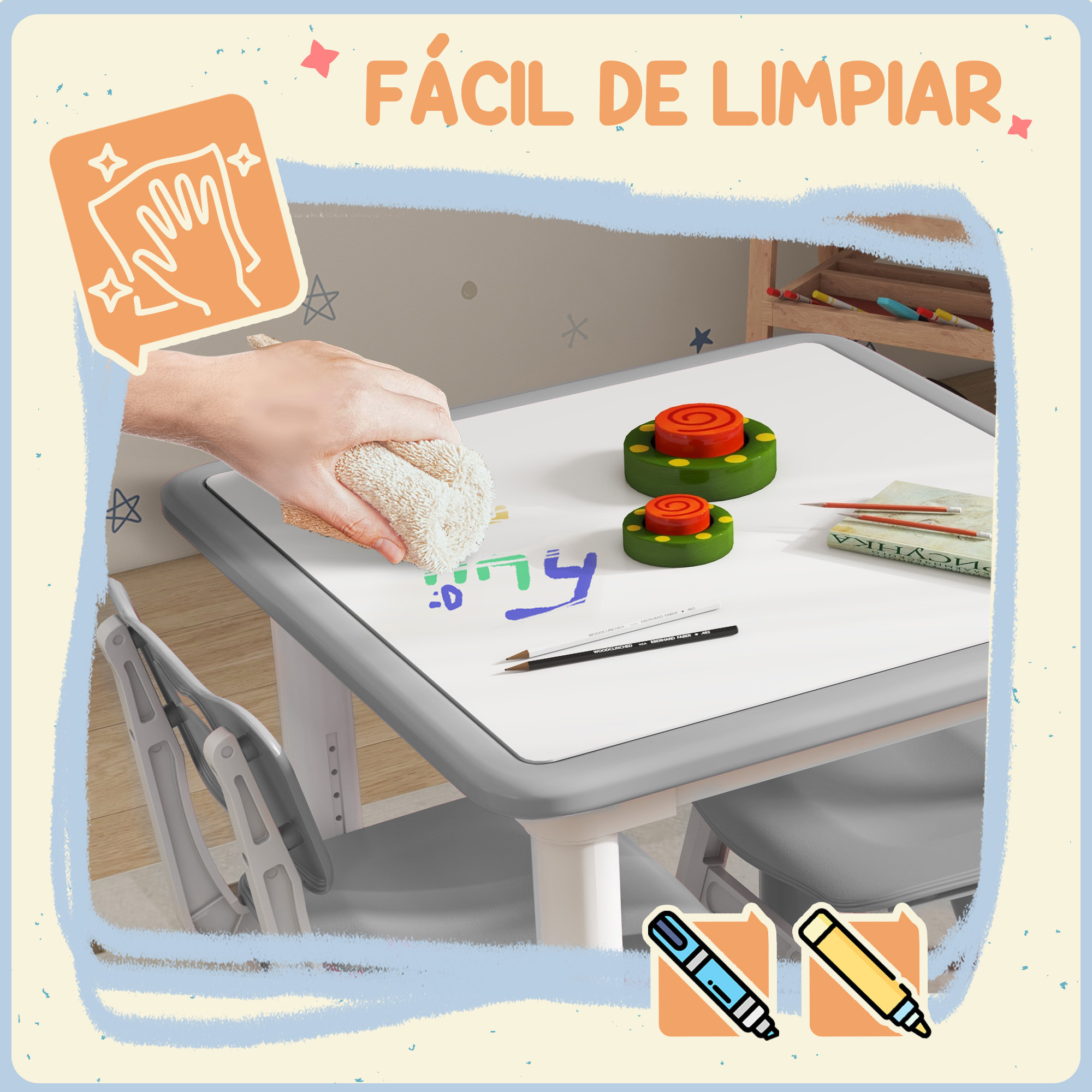 Mesa y Sillas Infantiles de 3 Piezas con Altura Ajustable Mesa Infantil con 2 Sillas Fácil de Limpiar para Niños de 18 Meses a 5 Años para Sala de Juegos Dormitorio Guardería Blanco y Gris