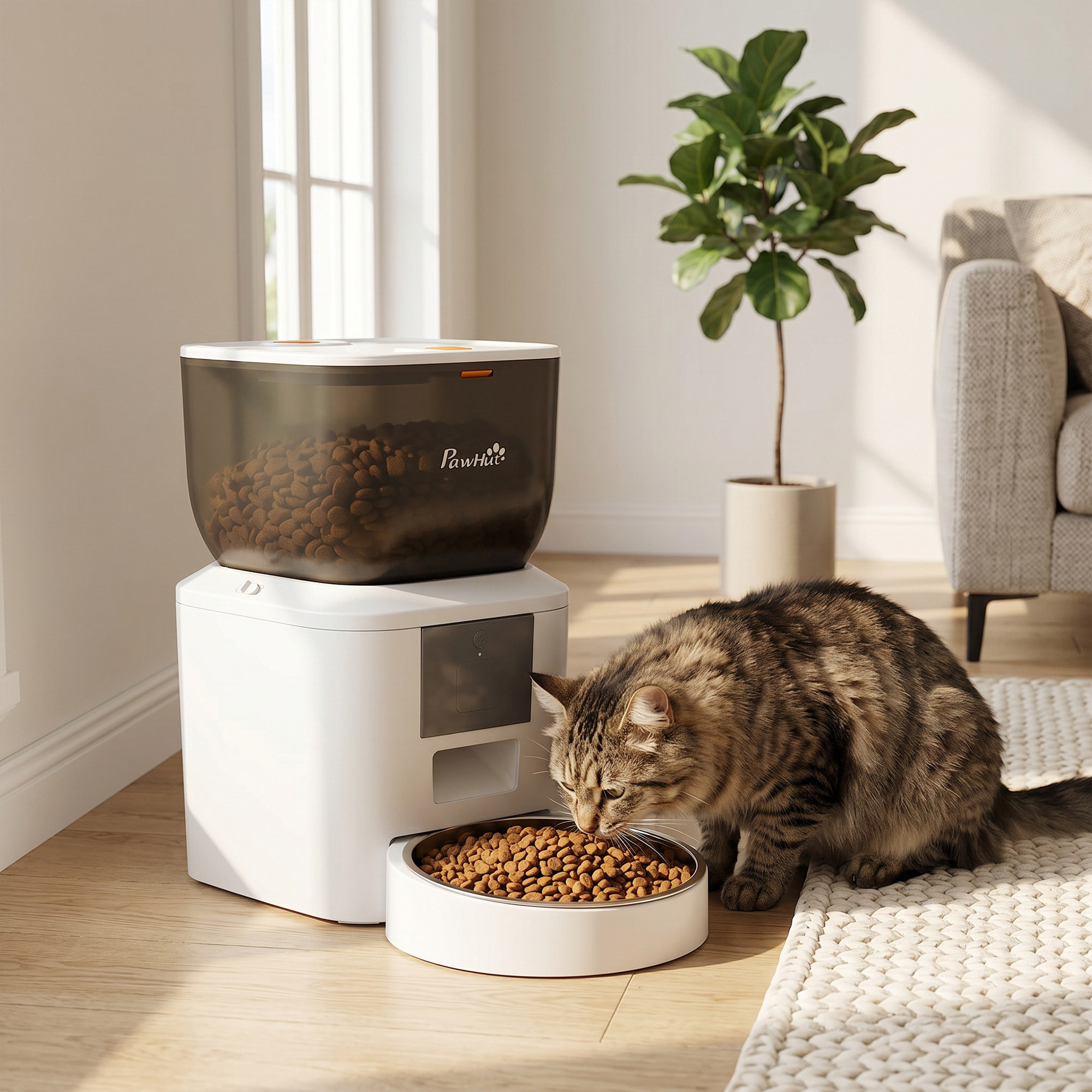 Comedero Automático 4L WiFi 2.4G, Dispensador de Comida para Gatos Perros con Control App, 2 Cuencos, 1-10 Comidas al Día, Grabadora Voz 10s, Antiatascos, 2 Fuentes Alimentación, Fácil Limpiar