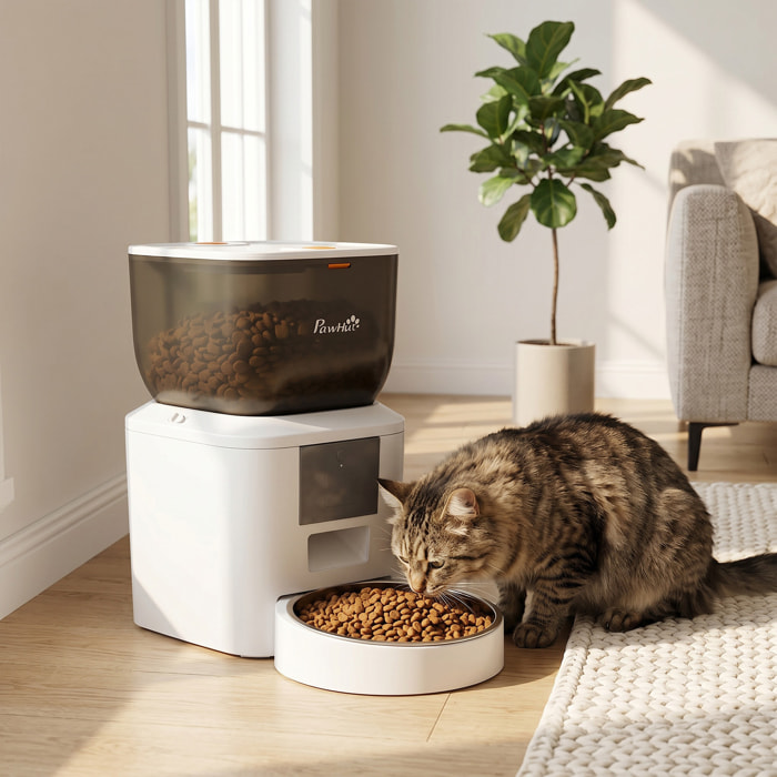 Comedero Automático 4L WiFi 2.4G, Dispensador de Comida para Gatos Perros con Control App, 2 Cuencos, 1-10 Comidas al Día, Grabadora Voz 10s, Antiatascos, 2 Fuentes Alimentación, Fácil Limpiar