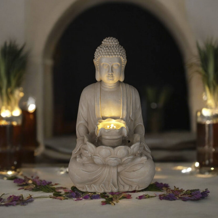 Fuente Buda en color Arena con Luces LED para Espacio Exterior 28,5x24,5x48cm