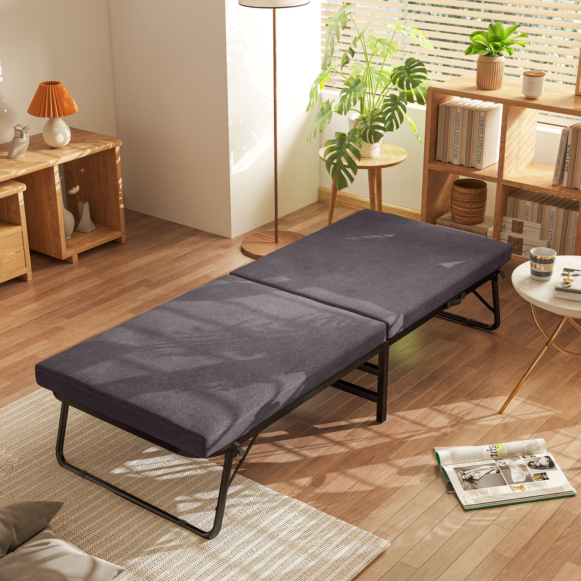 Cama Plegable 70x180 cm con Colchón de Espuma Mueble Cama Plegable con Respaldo Ajustable en 5 Posiciones y Ruedas Cama de Invitados Carga 120 kg
