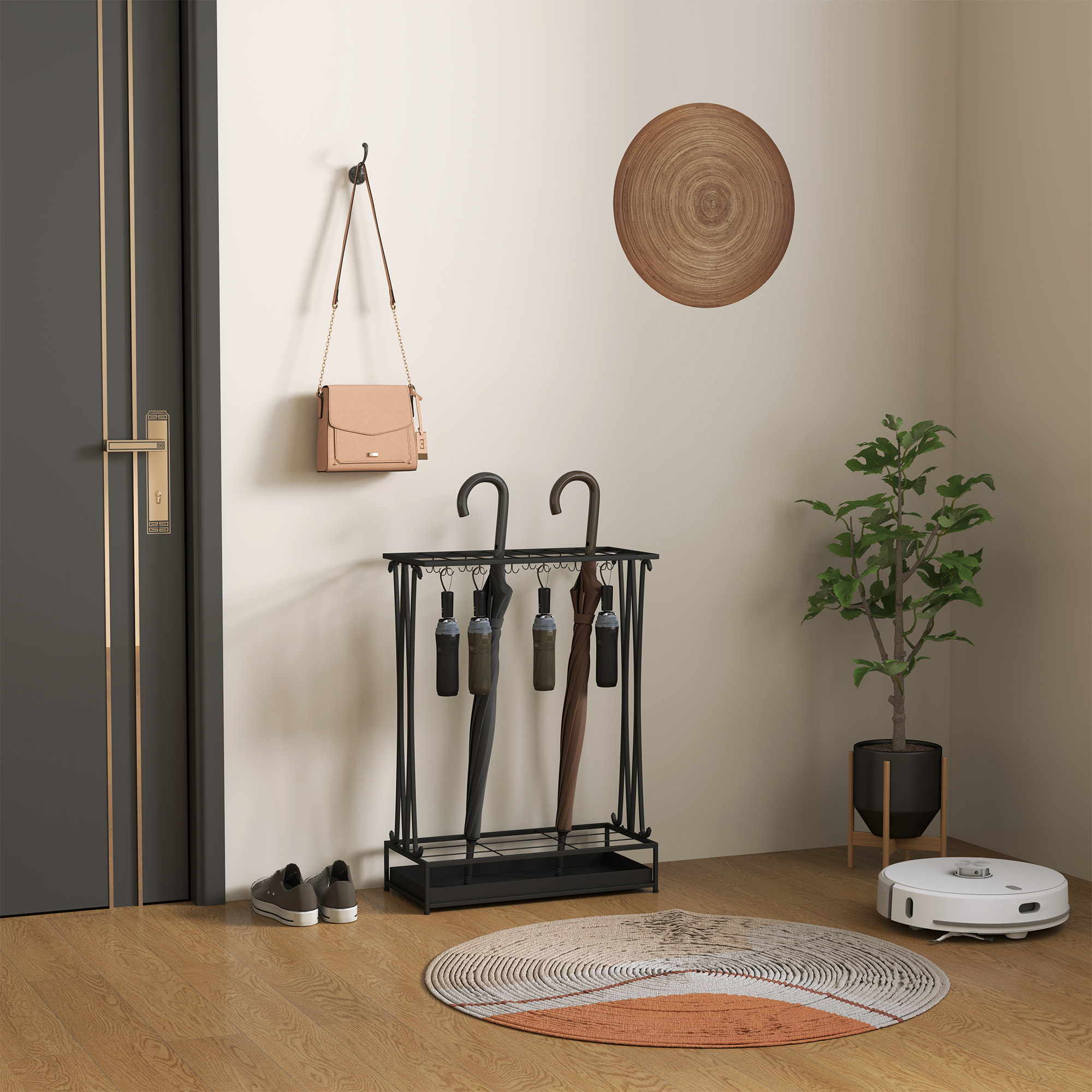 Paragüero Moderno Rectangular Soporte de Paraguas de Acero con 24 Ganchos 21 Espacios y Bandeja Recogegotas Extraíble Paragüero para Entrada Oficina 50x24x68 cm Negro