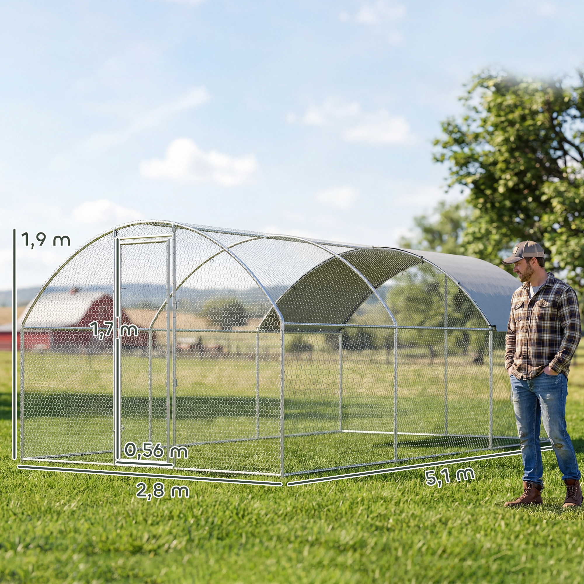 Gallinero para Exterior Grande, 2,8x5,1x1,9 m, 14,2 m², Gallinero de Acero Galvanizado con Cubierta de Tela Oxford, Anti-UV e Impermeable, Puerta y Pestillos, Jaula para 15-24 Gallinas, Plata