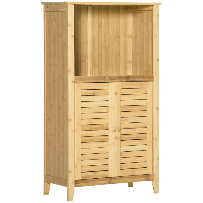 Armario Auxiliar de Baño de Bambú Armario de Suelo de Baño con 2 Puertas Compartimiento Abierto y Estante Ajustable 50x25,5x92 cm Natural