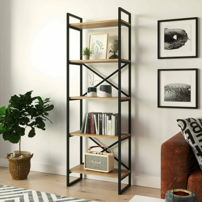 Libreria Arbus, Scaffale da ufficio, Mobile portalibri, Biblioteca, 58x30h175 cm, Quercia e Nero