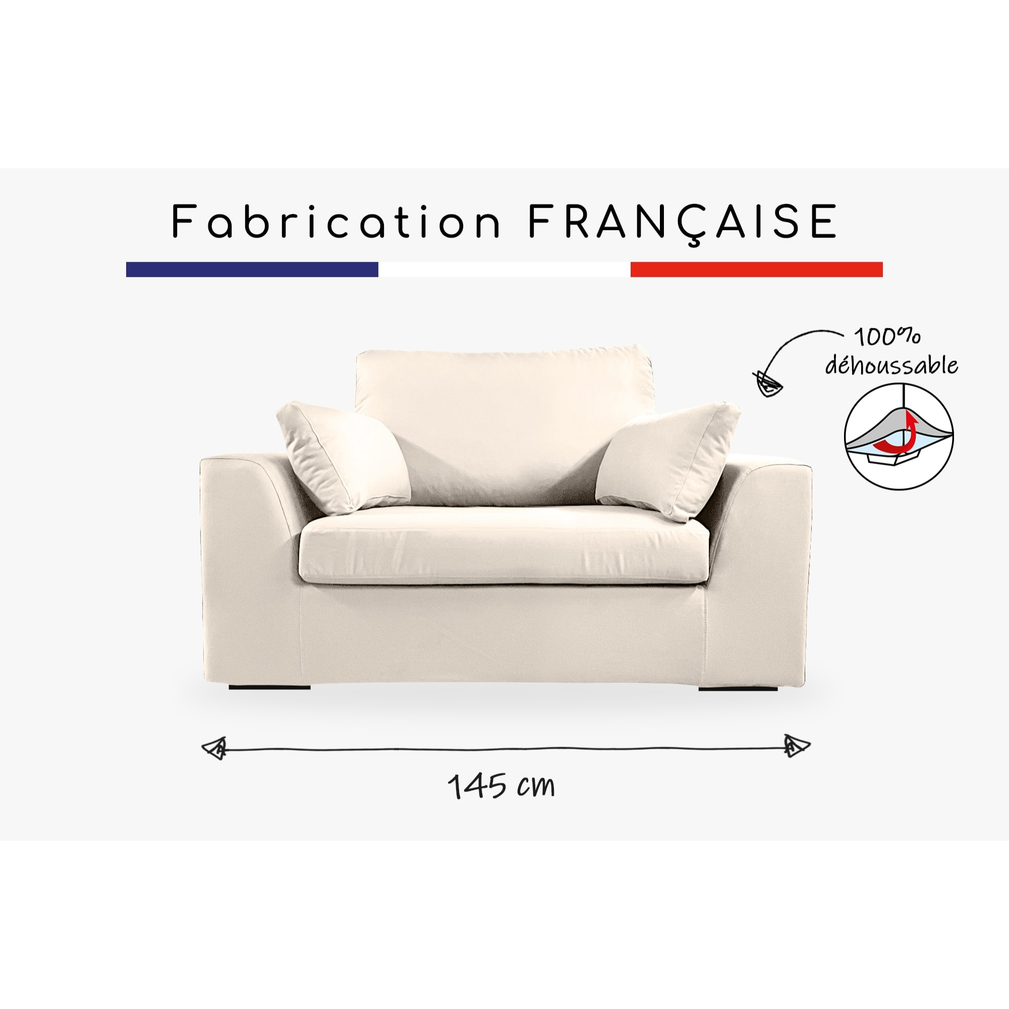 Fauteuil XL TRESSIN 145 cm fixe tissu coton Écru - 100% déhoussable - Fab. France