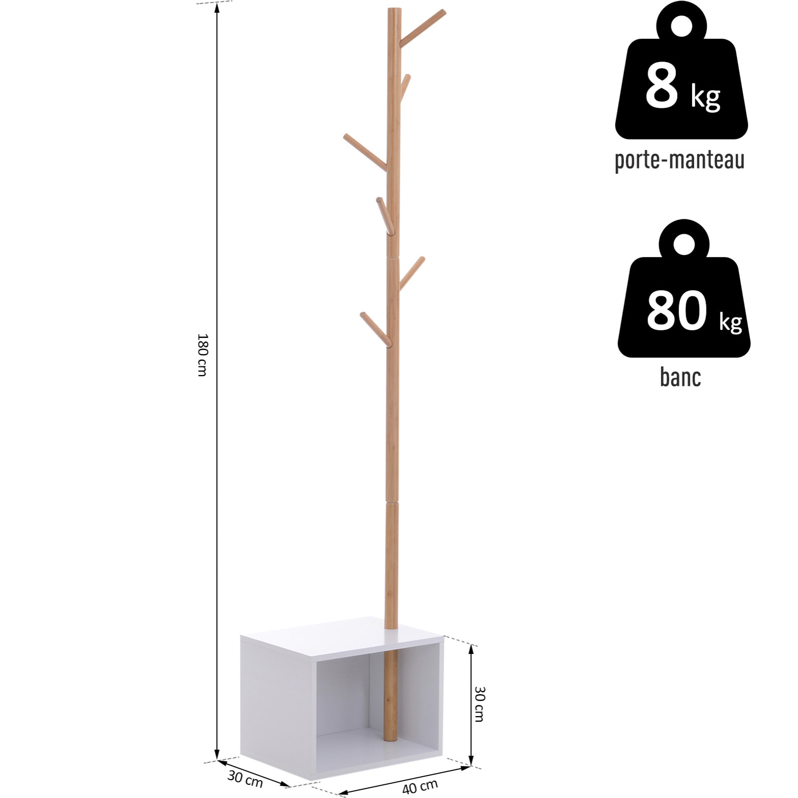 HOMCOM Meuble rangement porte-manteaux 2 en 1 design contemporain cosy dim. 40L x 30l x 180H cm MDF blanc bois massif bambou