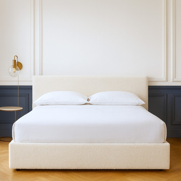 Lit coffre avec tête de lit en tissu bouclé - TINA